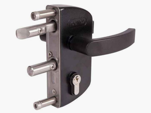 Накладной замок для садовых калиток под квадратный профиль 60 мм, цвет  RAL 9005, 3006P - Пара ручек из полиамида и Личинка: VCA - Под разные